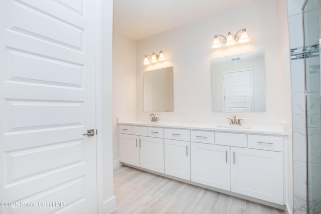 bathroom with vanity and hardwood / wood-style floors