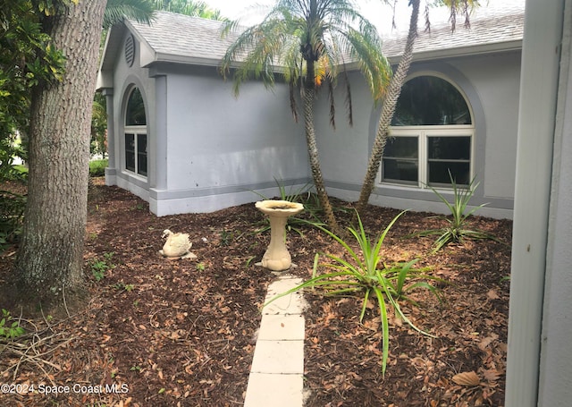 view of property exterior with roof with shingles and stucco siding