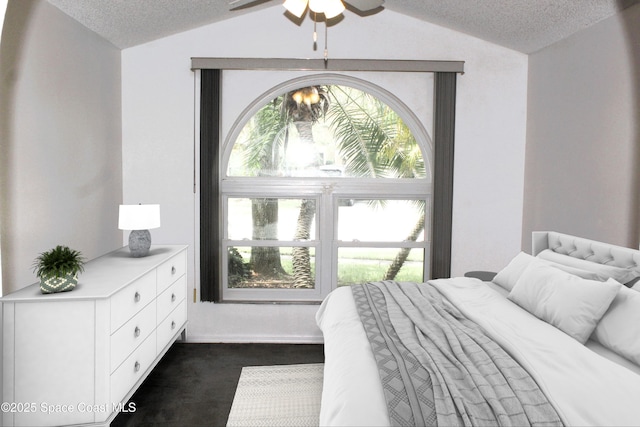 bedroom featuring lofted ceiling and a textured ceiling