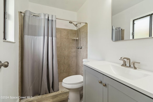 bathroom with vanity, curtained shower, and toilet