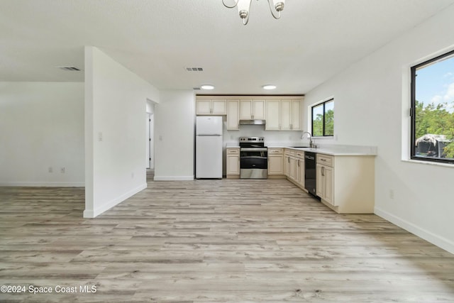 kitchen featuring dishwasher, sink, white refrigerator, electric stove, and light wood-type flooring