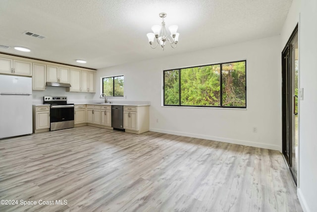 kitchen with a notable chandelier, light hardwood / wood-style floors, hanging light fixtures, and appliances with stainless steel finishes