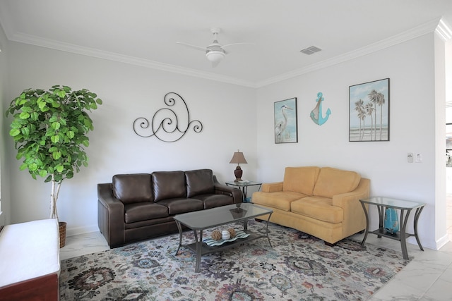 living room featuring ceiling fan and ornamental molding