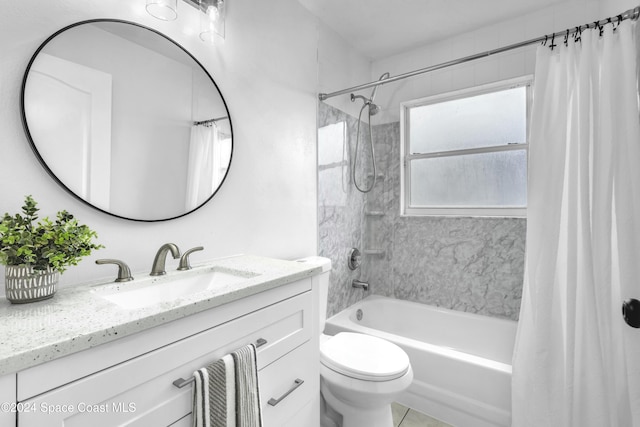 full bathroom with tile patterned floors, vanity, shower / tub combo, and toilet