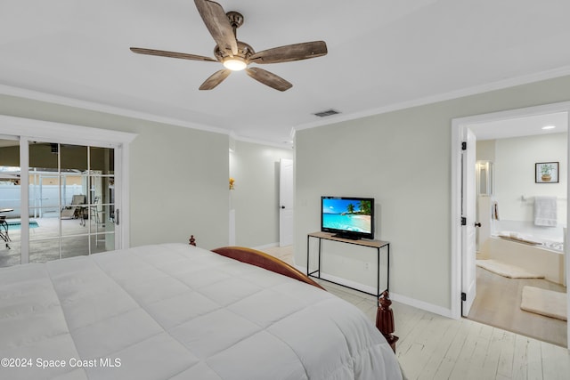 bedroom with access to outside, ceiling fan, ornamental molding, connected bathroom, and light hardwood / wood-style floors