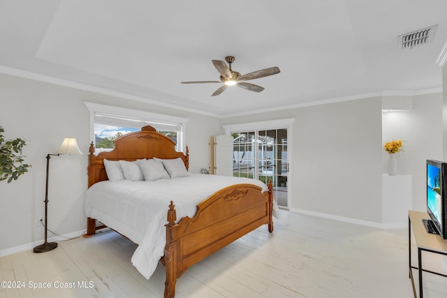 bedroom featuring ceiling fan, access to exterior, ornamental molding, and light hardwood / wood-style flooring