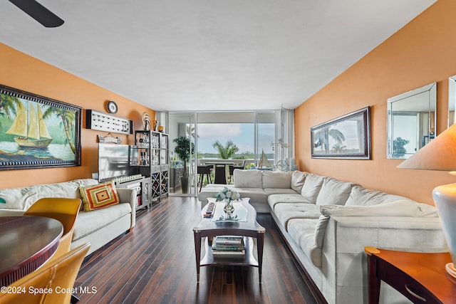 living room with dark hardwood / wood-style floors and floor to ceiling windows