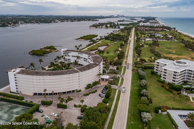 aerial view featuring a water view