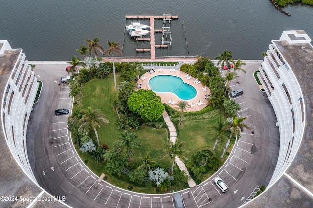 aerial view featuring a water view