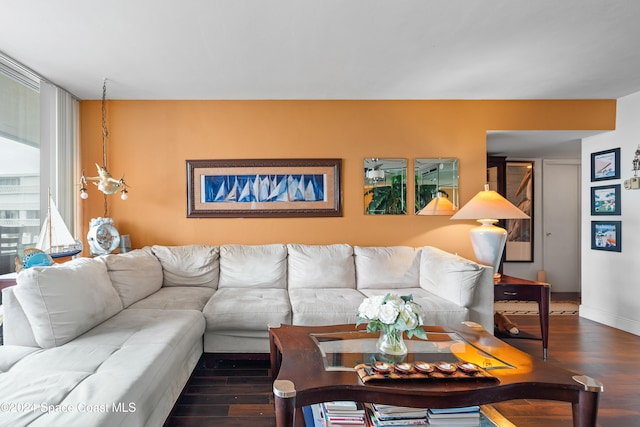 living room with dark hardwood / wood-style flooring