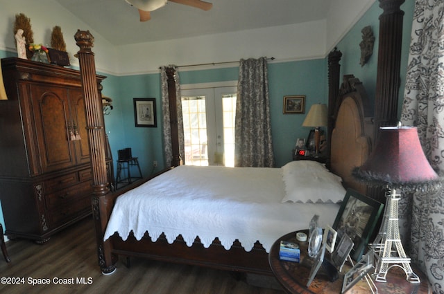 bedroom featuring ceiling fan, vaulted ceiling, dark hardwood / wood-style flooring, and french doors