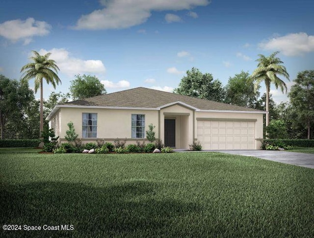 ranch-style house featuring a front yard and a garage