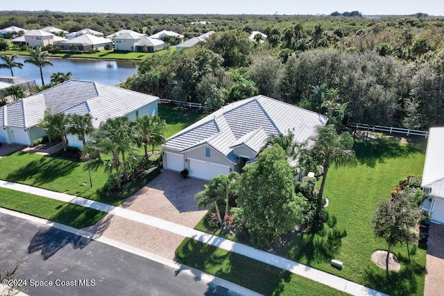 drone / aerial view featuring a water view