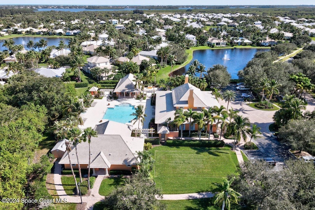 aerial view featuring a water view