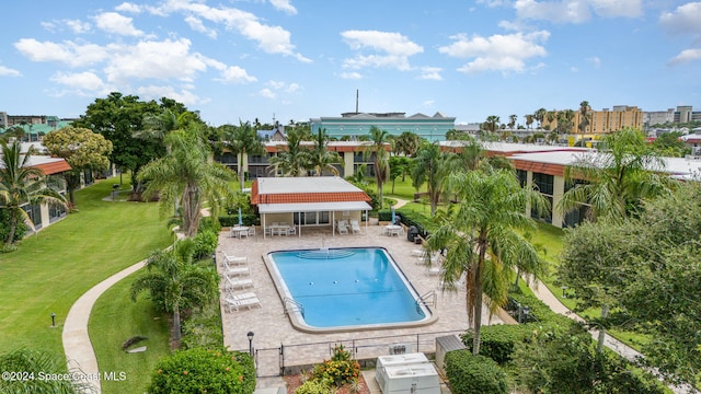 view of swimming pool with a yard and a patio