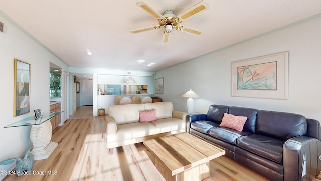 living room featuring ceiling fan, ornamental molding, a textured ceiling, and light wood-type flooring