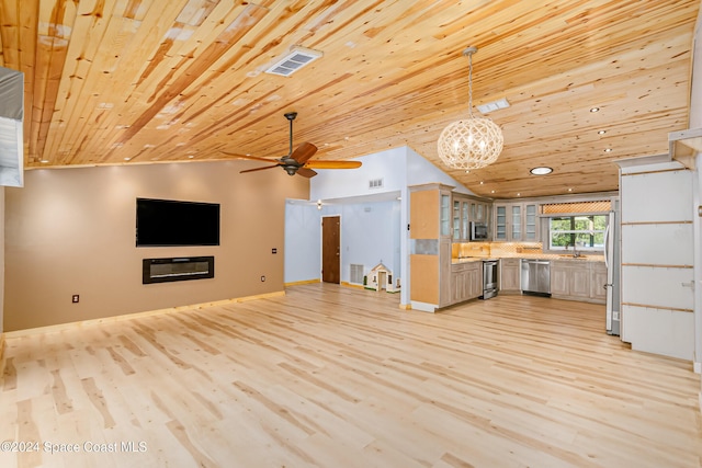 unfurnished living room featuring wood ceiling, vaulted ceiling, ceiling fan with notable chandelier, and light hardwood / wood-style floors