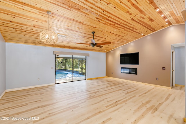 unfurnished living room featuring wood ceiling, crown molding, vaulted ceiling, ceiling fan, and light hardwood / wood-style floors