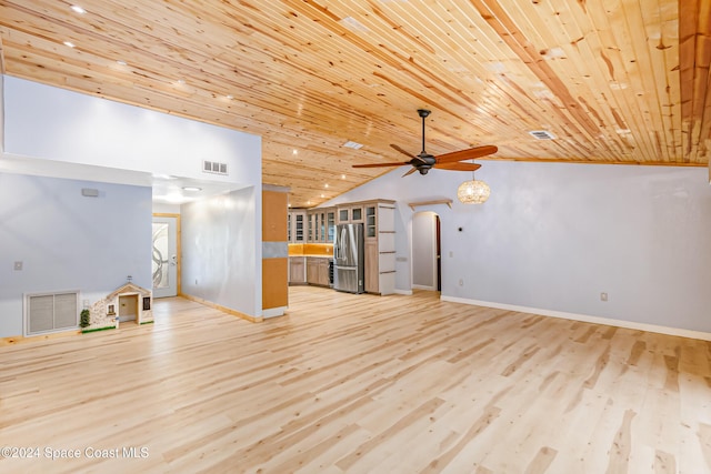 unfurnished living room with ceiling fan, wood ceiling, and light hardwood / wood-style floors