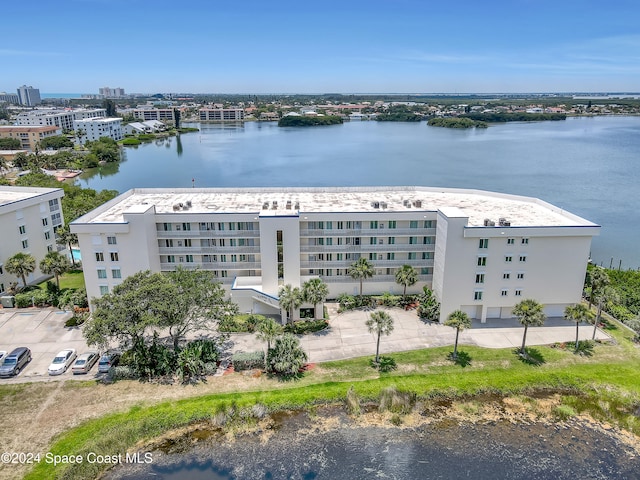 aerial view featuring a water view