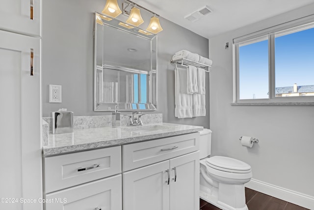 bathroom featuring vanity, toilet, wood-type flooring, and a shower with door