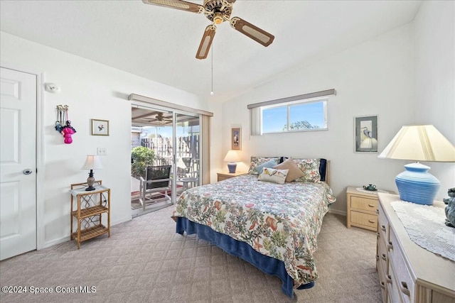 bedroom with ceiling fan, access to exterior, light colored carpet, and vaulted ceiling