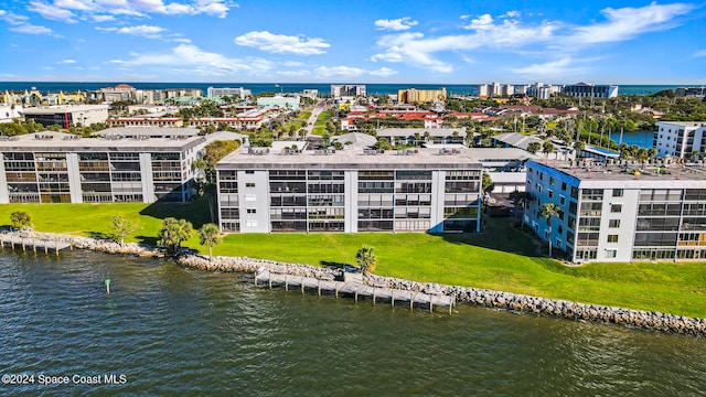 drone / aerial view featuring a water view