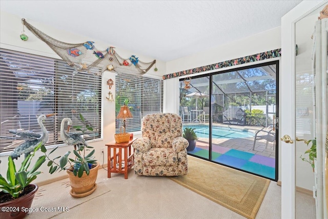 sitting room with carpet floors