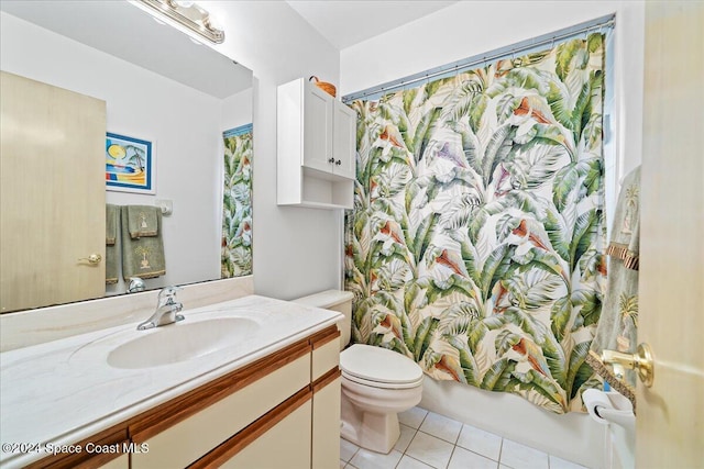 full bathroom featuring tile patterned floors, shower / bath combination with curtain, toilet, and vanity