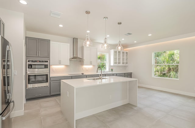 kitchen featuring pendant lighting, wall chimney range hood, sink, white cabinetry, and stainless steel appliances