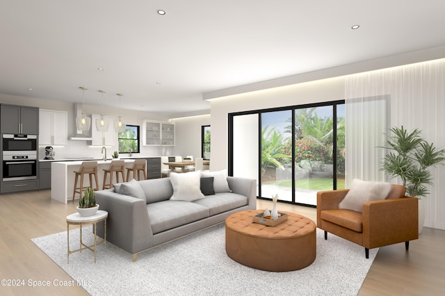 living room with light wood-type flooring and sink