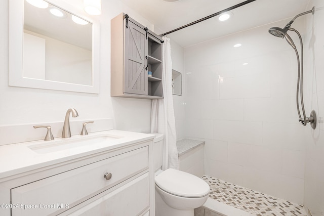 bathroom featuring a shower with curtain, vanity, and toilet