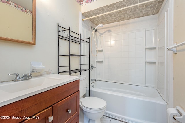 full bathroom with toilet, vanity, and bathing tub / shower combination