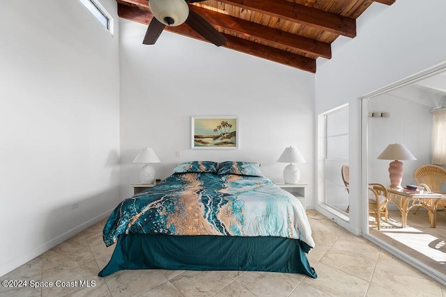 bedroom with ceiling fan, beamed ceiling, wooden ceiling, and high vaulted ceiling