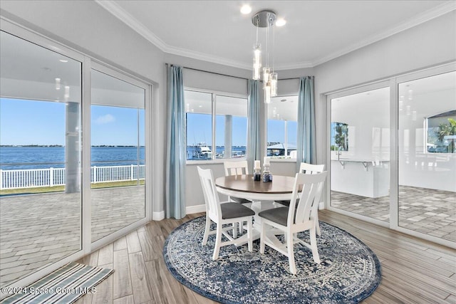 dining room featuring crown molding, wood finished floors, and a water view