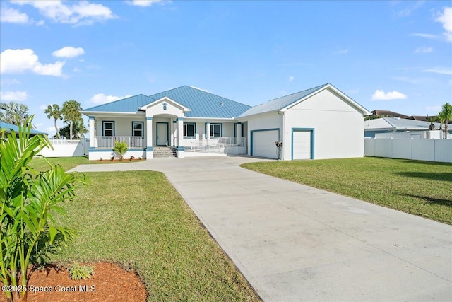 view of front facade featuring a porch, fence, concrete driveway, a front yard, and a garage