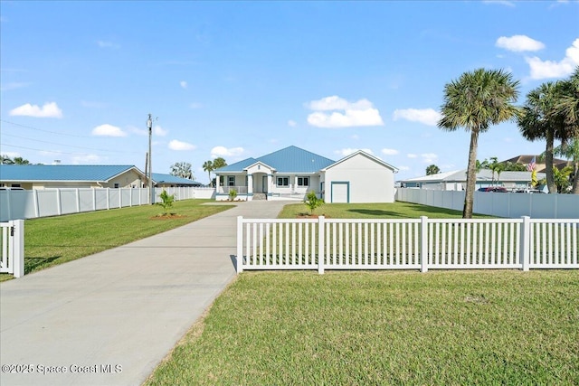 view of front of home featuring a fenced front yard and a front lawn