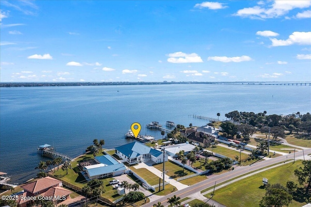 aerial view featuring a water view