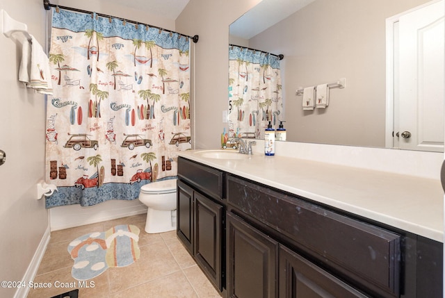 full bathroom featuring toilet, vanity, tile patterned floors, and shower / bathtub combination with curtain