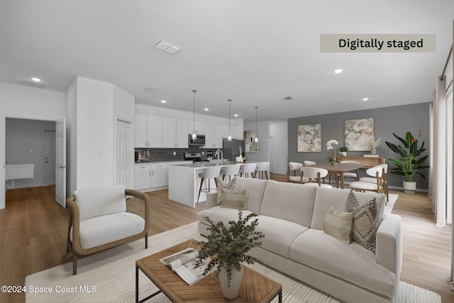 living room featuring light hardwood / wood-style flooring and sink