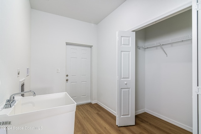 washroom featuring wood-type flooring and sink