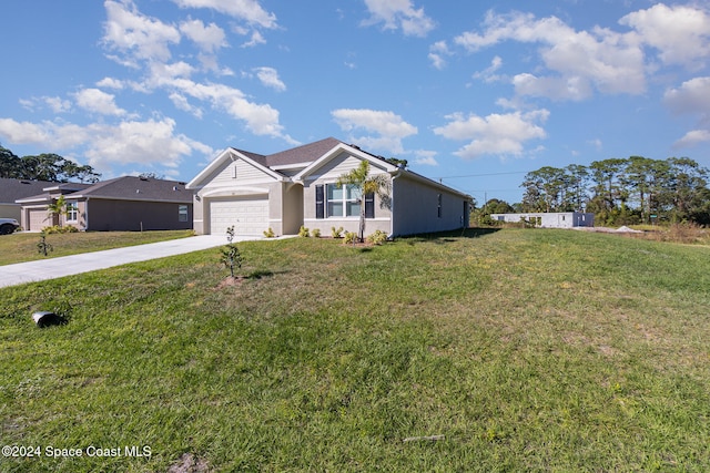 single story home featuring a front yard and a garage