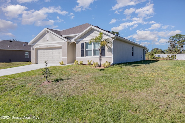 ranch-style home with a front lawn and a garage