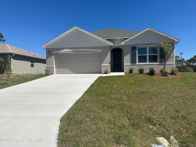 single story home featuring a front lawn, concrete driveway, a garage, and roof with shingles