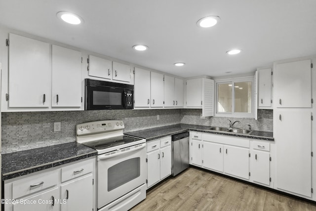 kitchen with light wood-type flooring, stainless steel dishwasher, white range with electric stovetop, sink, and white cabinets