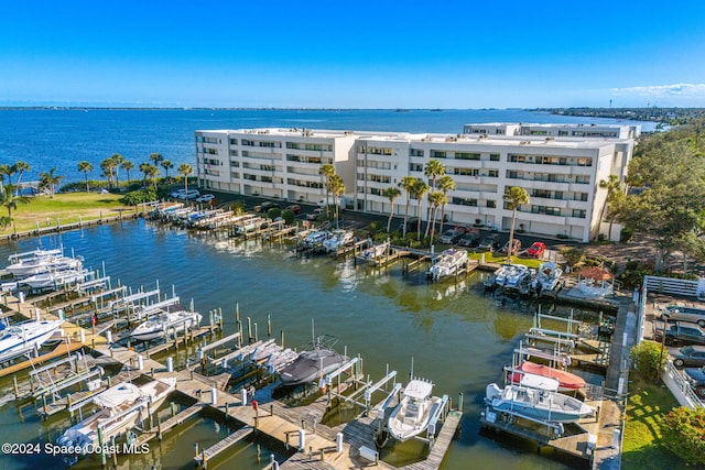 drone / aerial view featuring a water view