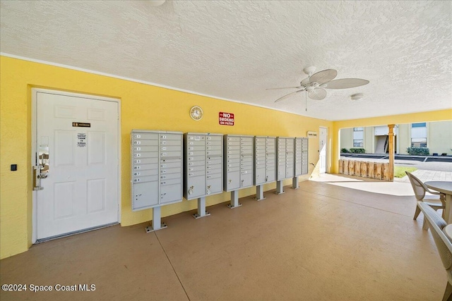 view of home's community featuring ceiling fan and a mail area