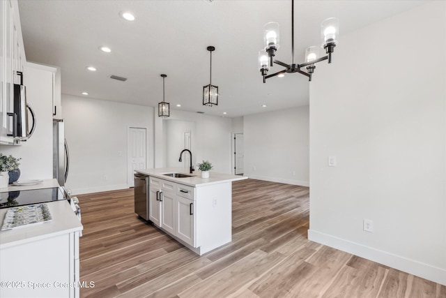 kitchen with stainless steel appliances, a kitchen island with sink, pendant lighting, white cabinets, and sink