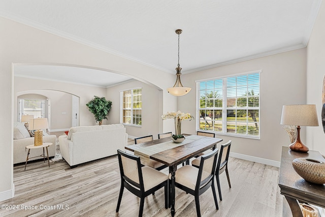 dining space with plenty of natural light, crown molding, and light hardwood / wood-style flooring