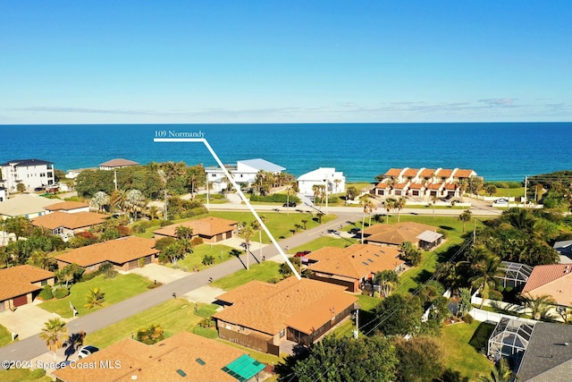 drone / aerial view featuring a water view